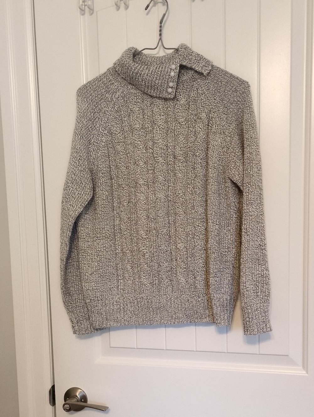 Jennifer Moore Women's Marled Gray Cable Turtleneck Sweater with Button Placket